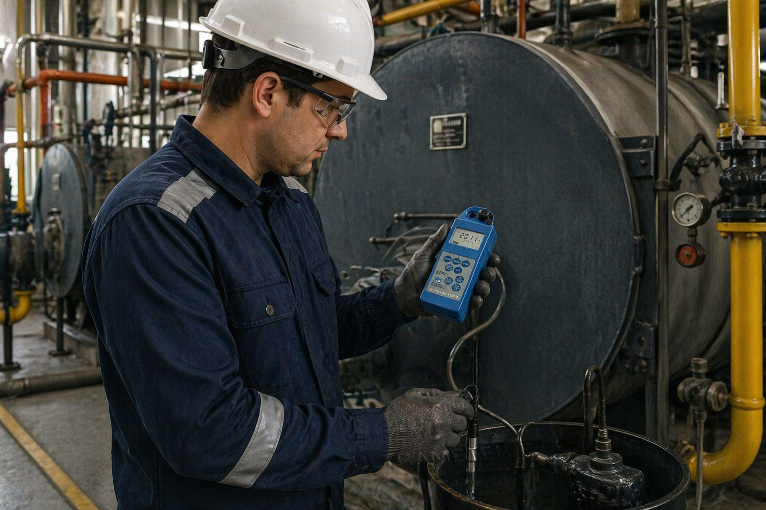 Técnico utilizando medidor Ultrameter II 6P FCe de Myron L para análisis de agua en planta industrial