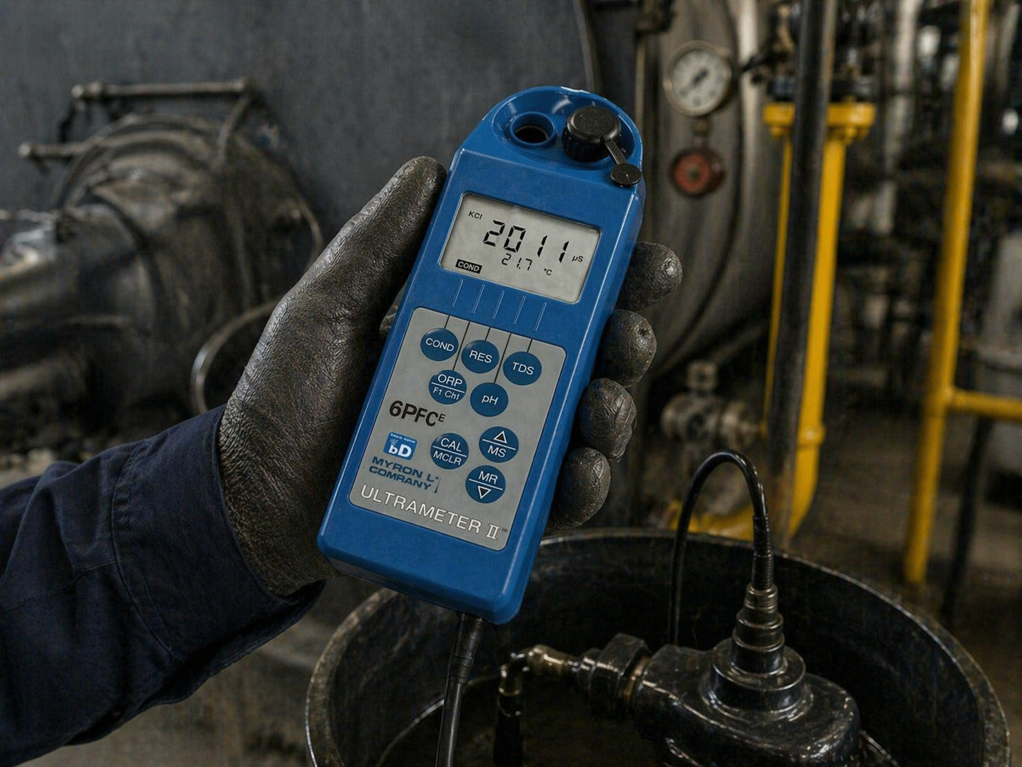 Medición de agua industrial con Ultrameter II 6P FCe de Myron L en entorno de planta